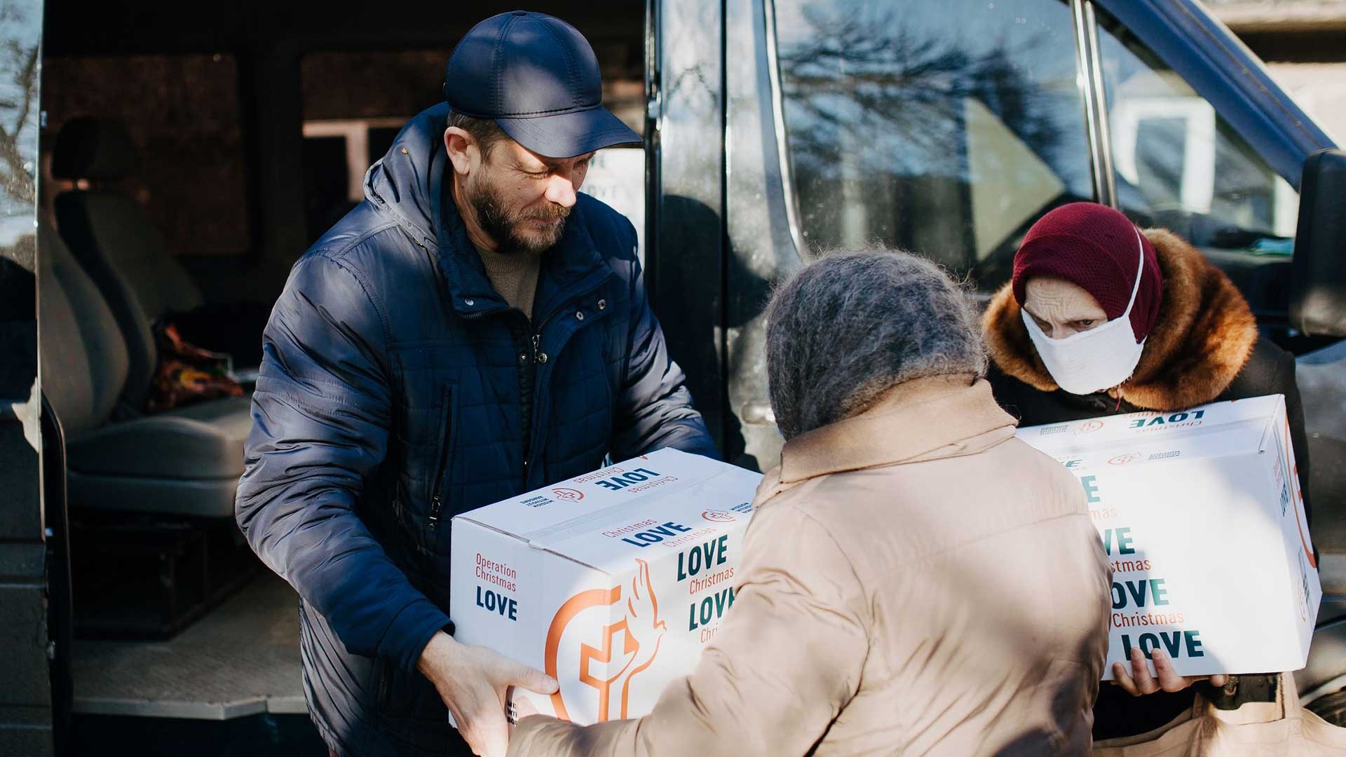 Parcels of food handed out in Ukraine.